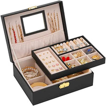 Load image into Gallery viewer, Jewelry Box for Women Girls Gift, Portable Travel Jewelry Organizer 2 Layer with Removable Tray, Premium PU Leather, Built-in Lock、Mirror &amp; Key, Holder Ring Necklace Earrings More (Black)
