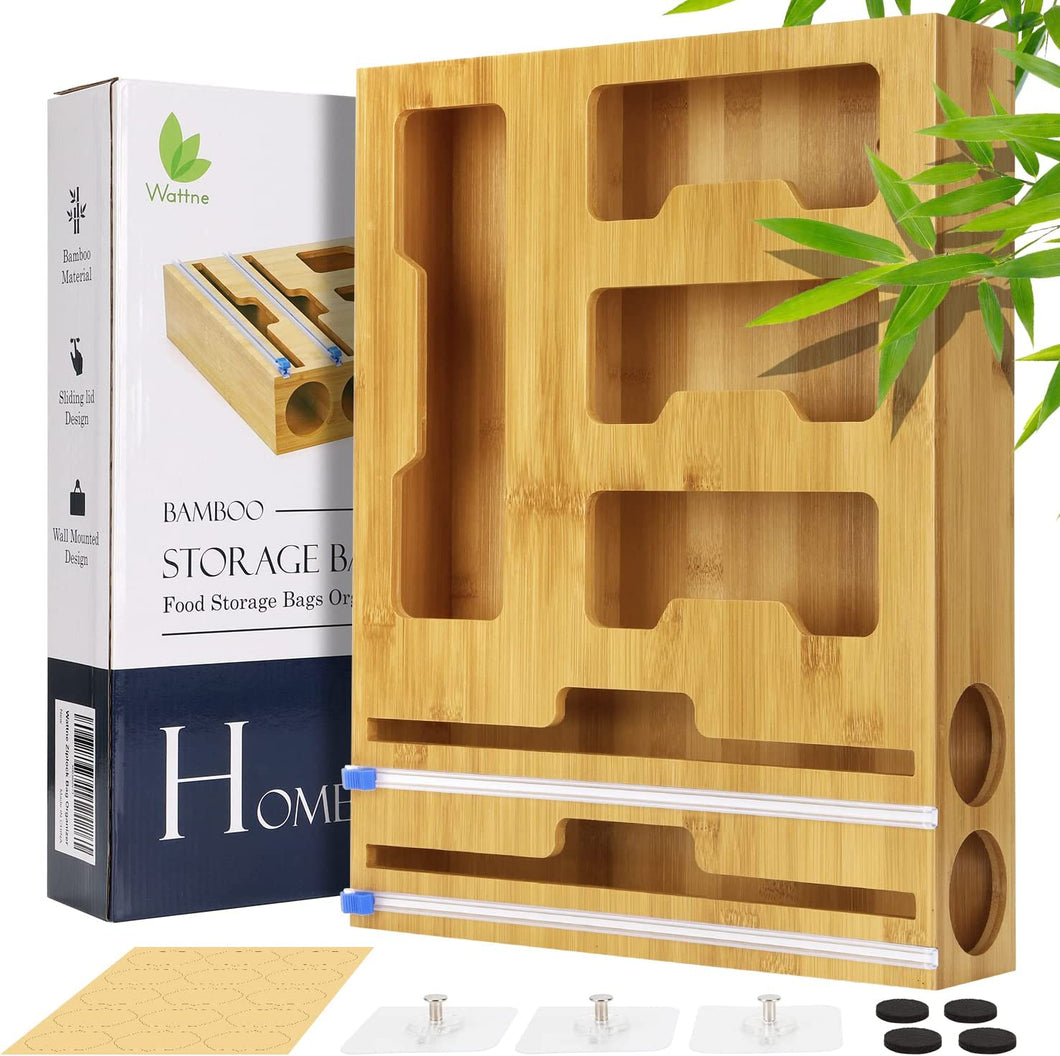 Wattne Bag Storage Organizer for Kitchen Drawer & Wrap Dispenser with Cutter, 6 in 1 Bamboo Organizer Compatible with 12