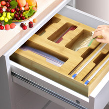 Load image into Gallery viewer, Wattne Bag Storage Organizer for Kitchen Drawer &amp; Wrap Dispenser with Cutter, 6 in 1 Bamboo Organizer Compatible with 12&quot; Aluminum Foil Roll, Suitable for Gallon, Quart, Sandwich Bags, Roll etc
