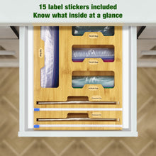 Load image into Gallery viewer, Wattne Bag Storage Organizer for Kitchen Drawer &amp; Wrap Dispenser with Cutter, 6 in 1 Bamboo Organizer Compatible with 12&quot; Aluminum Foil Roll, Suitable for Gallon, Quart, Sandwich Bags, Roll etc
