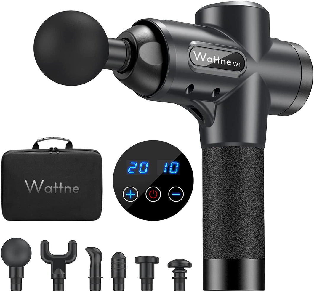 Massage Gun Handheld Deep Tissue Percussion Massager Device for Pain Relief - Super Quiet Cordless Vibration, Upgraded 6 heads & 20 Speed Strength Levels, wattne W1 Classic Black